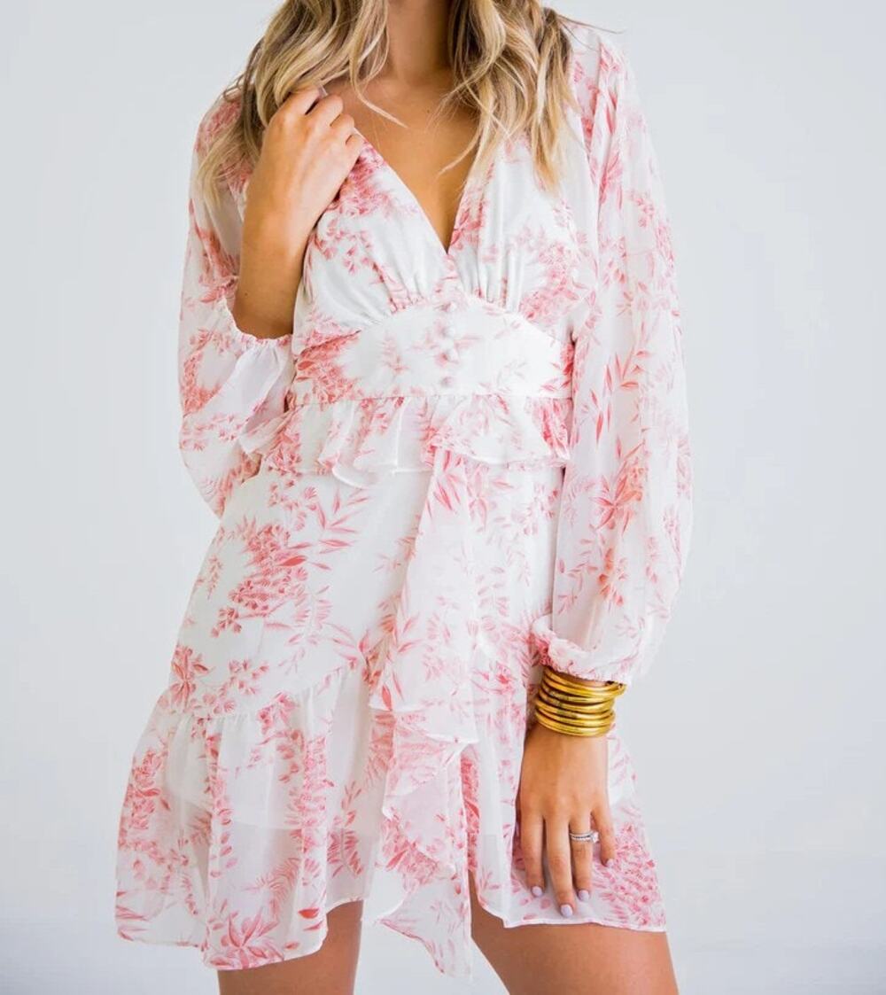 NWT KARLIE Floral Chiffon Cream Light Pink Dress Mini Ruffle Tier Women's Size S